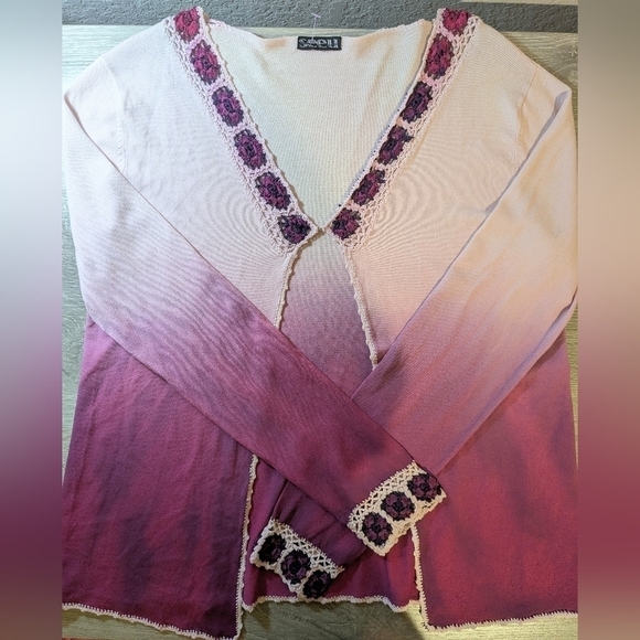 Vintage Pink And Purple Ombre Floral Crochet Knit Open Cardigan Cottagecore - Picture 9 of 11